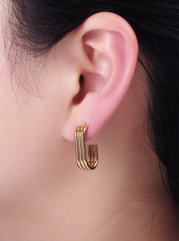 Stainless Steel Triple Band J-Shaped Hoop Earrings
