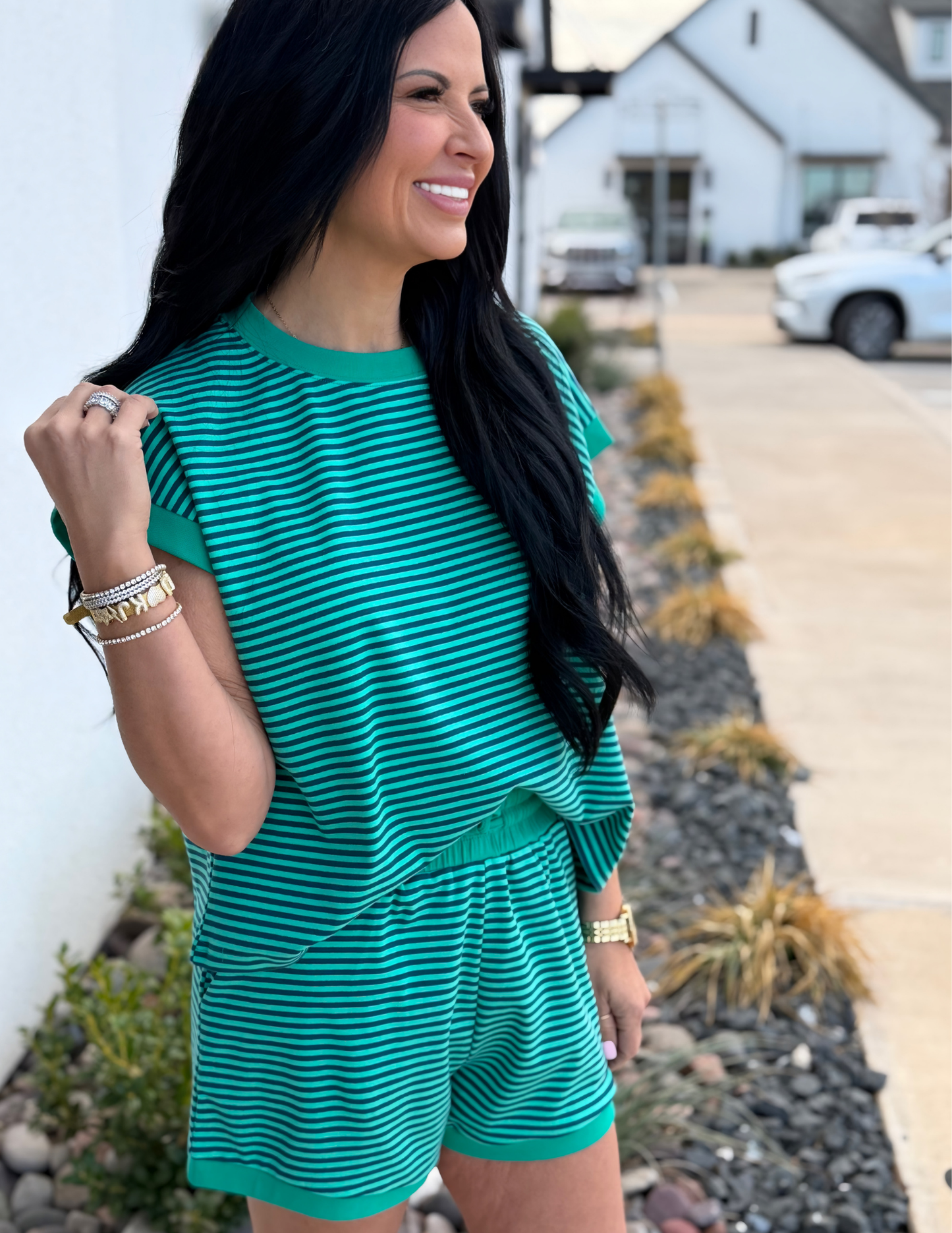 Striped Knit Top and Shorts Lounge Set- Green & Teal