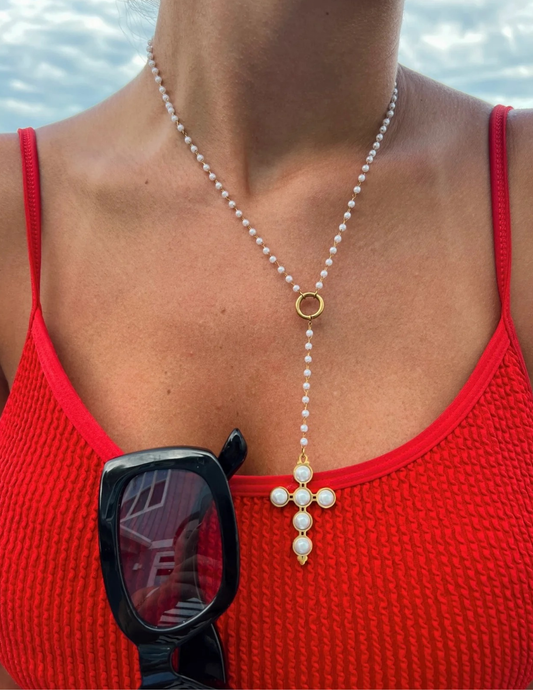 Lariat Pearl Cross Necklace
