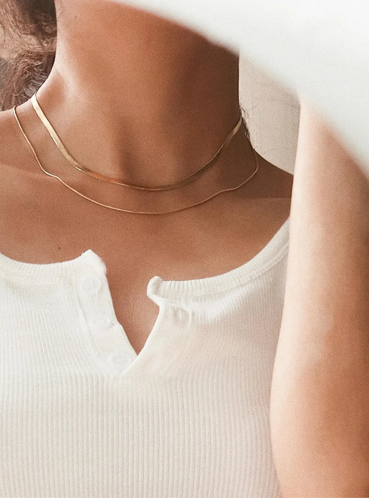 Jean 18K Gold Non-Tarnish Layered Flat Snake Chain Necklace - Tres Chic Boutique