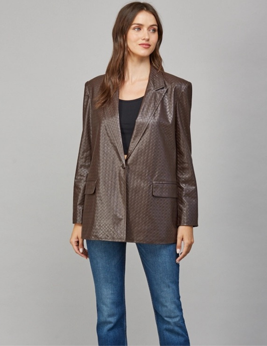 Faux Leather Crisscross Pattern Blazer- Choco Brown
