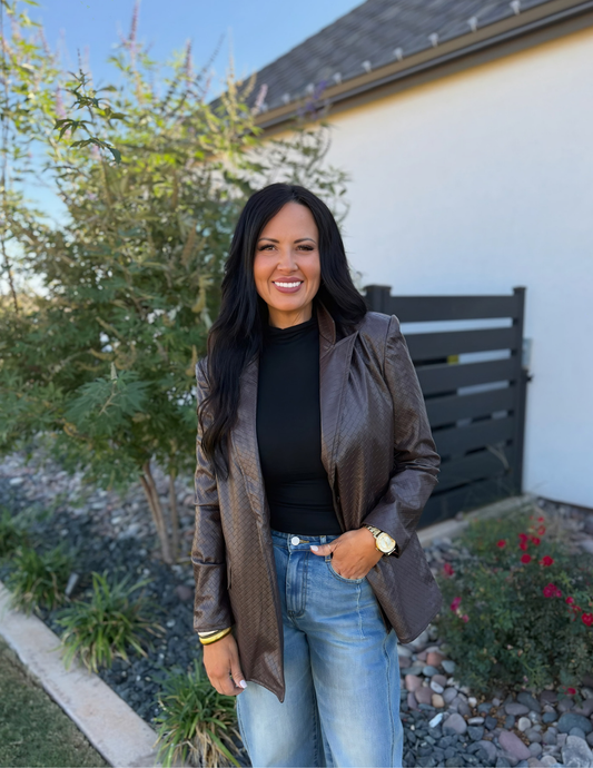 Faux Leather Crisscross Pattern Blazer- Choco Brown