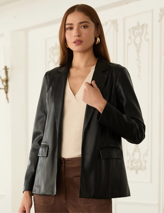 Faux Leather Open Blazer- Black