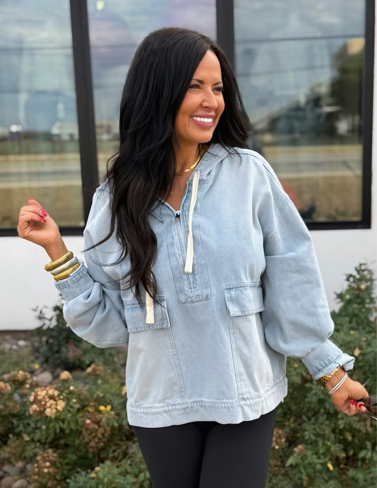 Mineral-Washed Denim Hooded Pullover