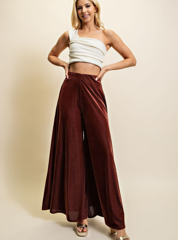 Brown Velvet Wide Leg Pant - Tres Chic Boutique