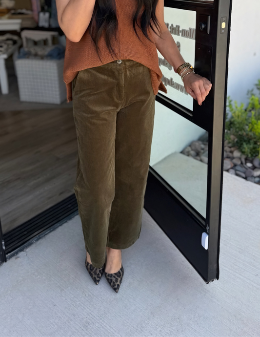 Corduroy Semi Wide Leg Pants- Olive