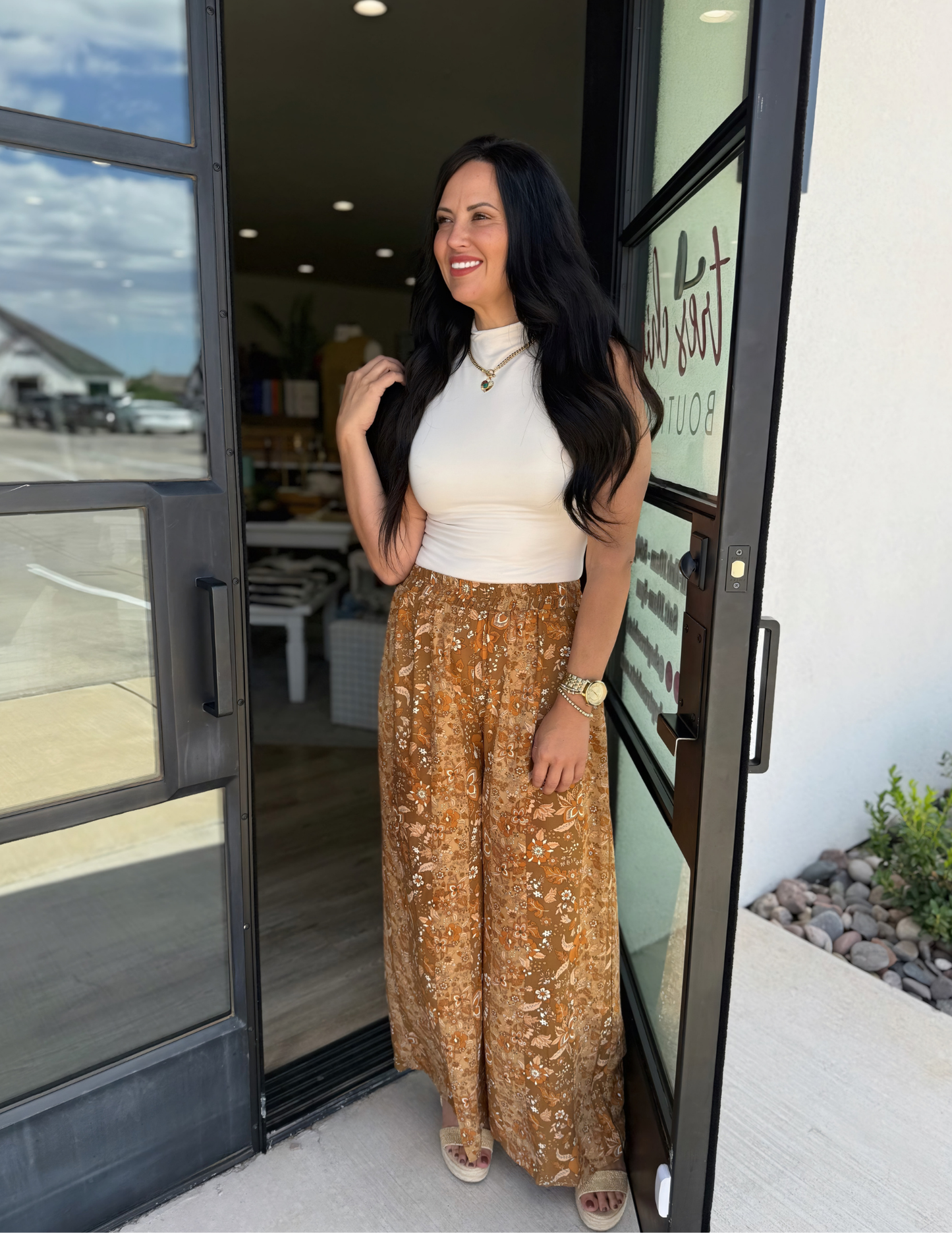 Flower Print Satin Wide Leg Pants