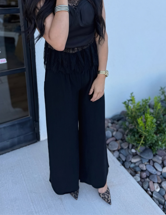 Linen Smocked Waist Pants- Black