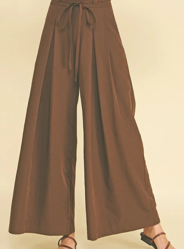 Pleated Detail Wide Leg Pants -Brown