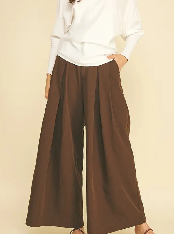 Pleated Detail Wide Leg Pants -Brown