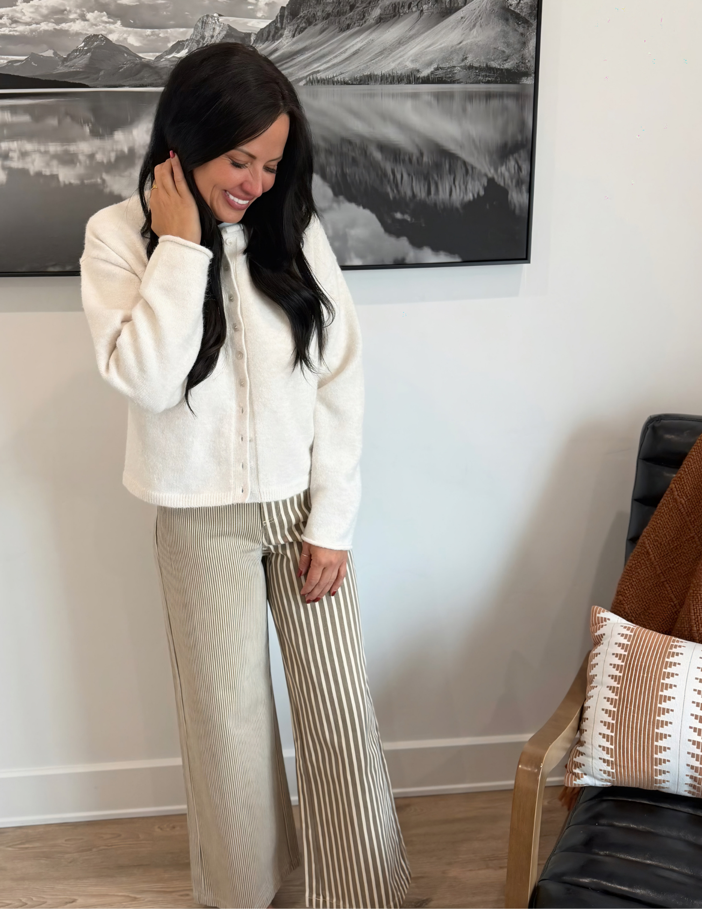 Stripe Fabric Mixed Pants- Brown