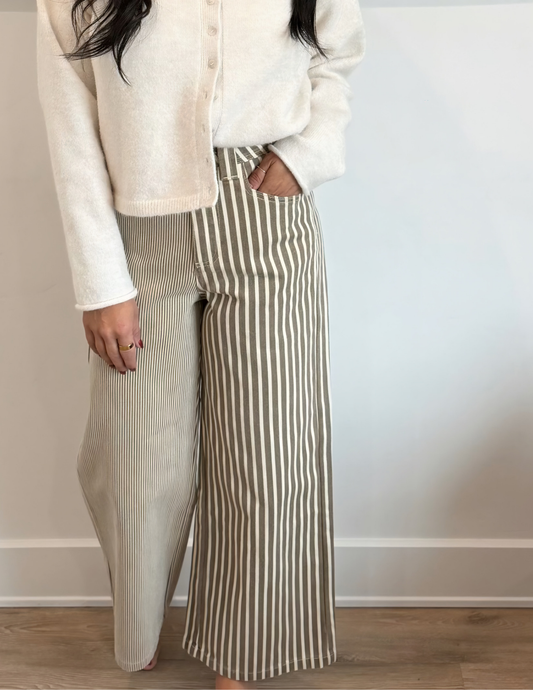 Stripe Fabric Mixed Pants- Brown