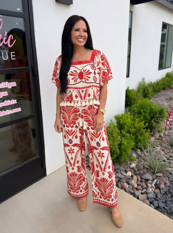 Tropical Print Drawstring Waist Wide Leg Pants