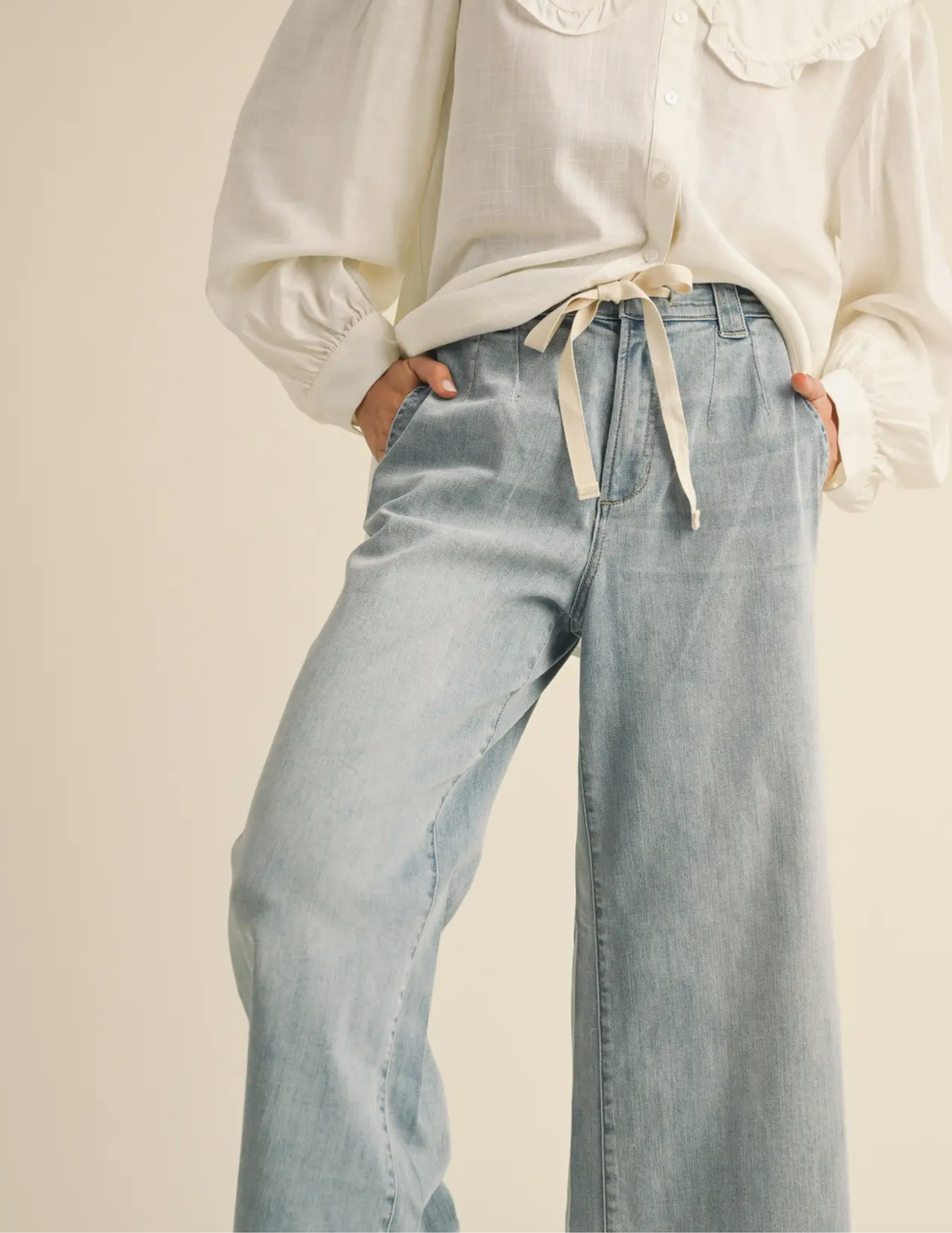 Washed Denim Wide Leg Pants