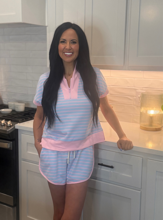 Striped Half Zip Up Top and Shorts Sets- Blue & Pink