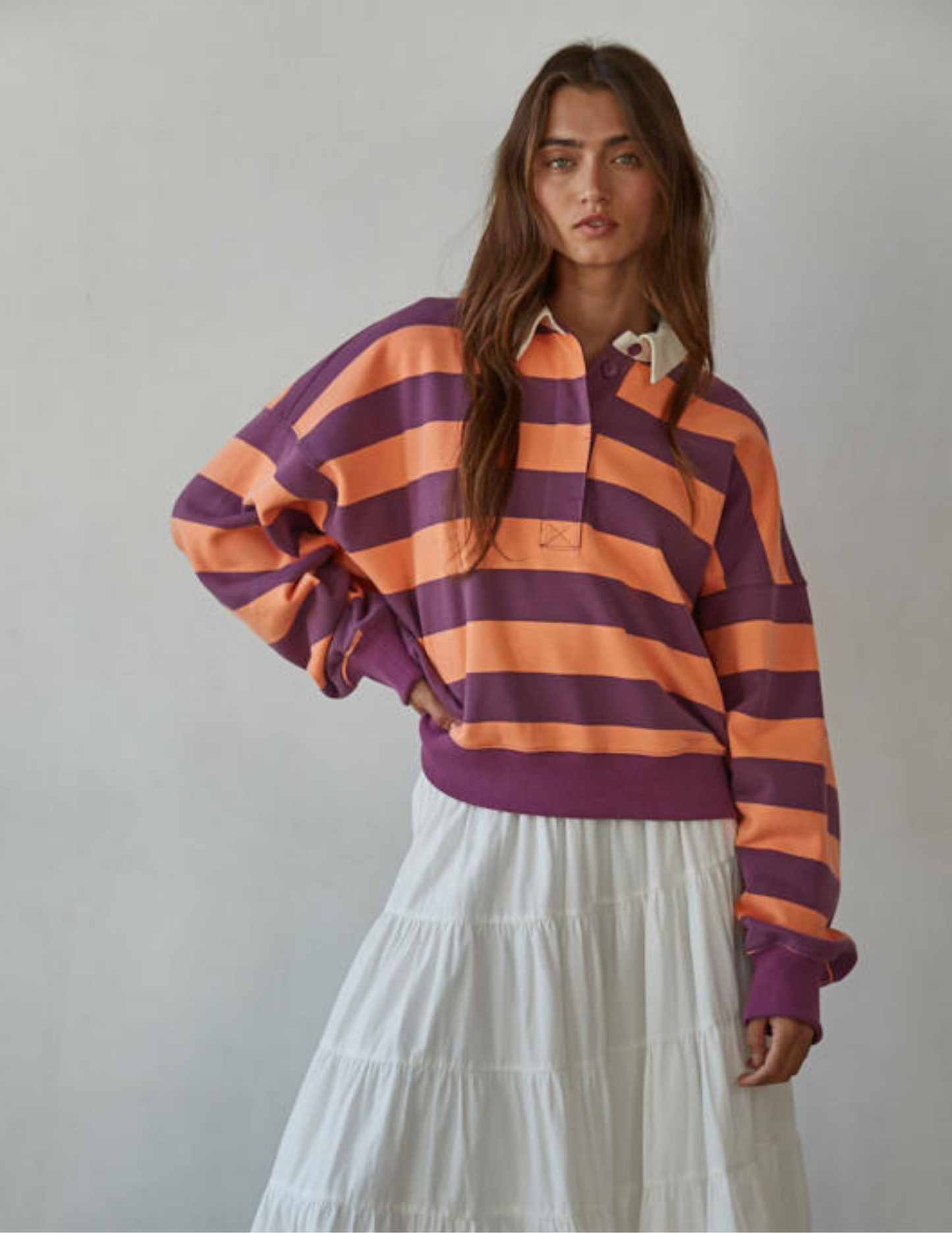Amerie Striped Collared Pullover- Coral Purple