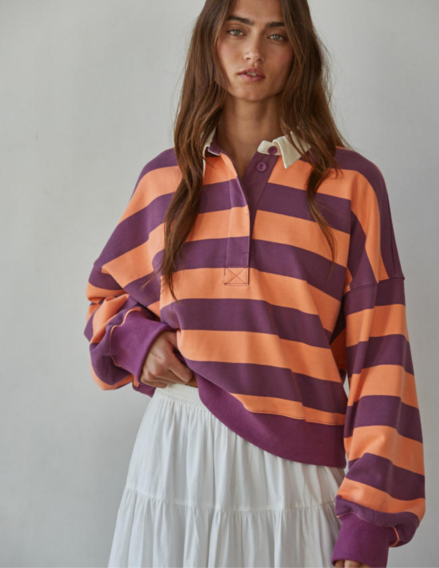 Amerie Striped Collared Pullover- Coral Purple