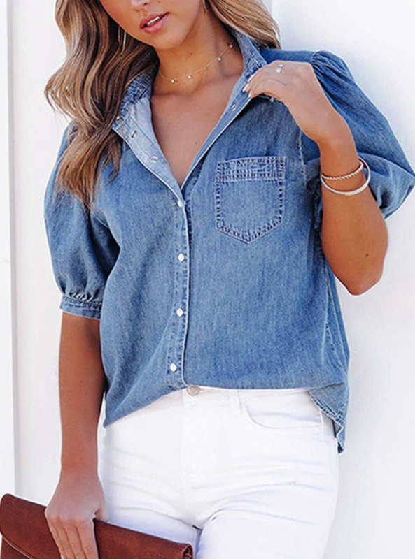 Denim Puff Sleeve Shirt - Tres Chic Boutique