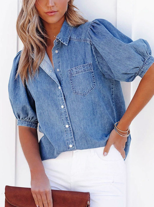 Denim Puff Sleeve Shirt - Tres Chic Boutique