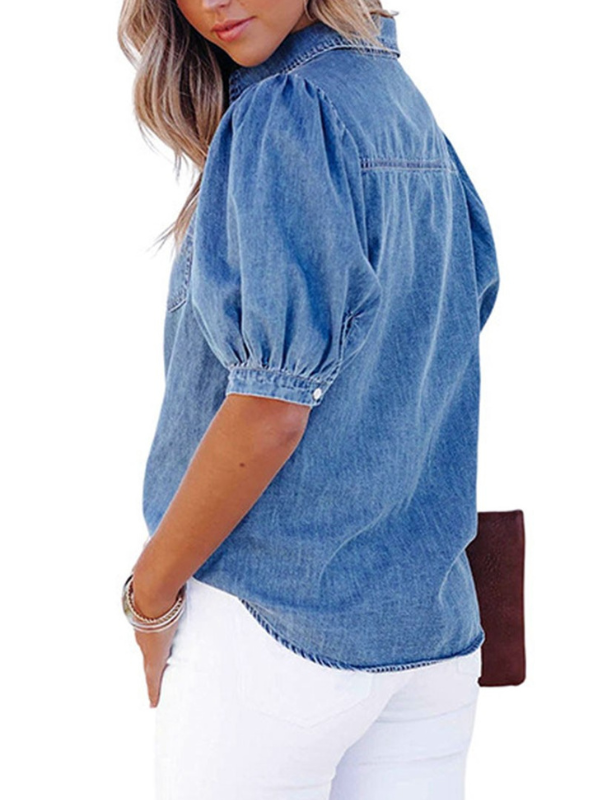 Denim Puff Sleeve Shirt - Tres Chic Boutique