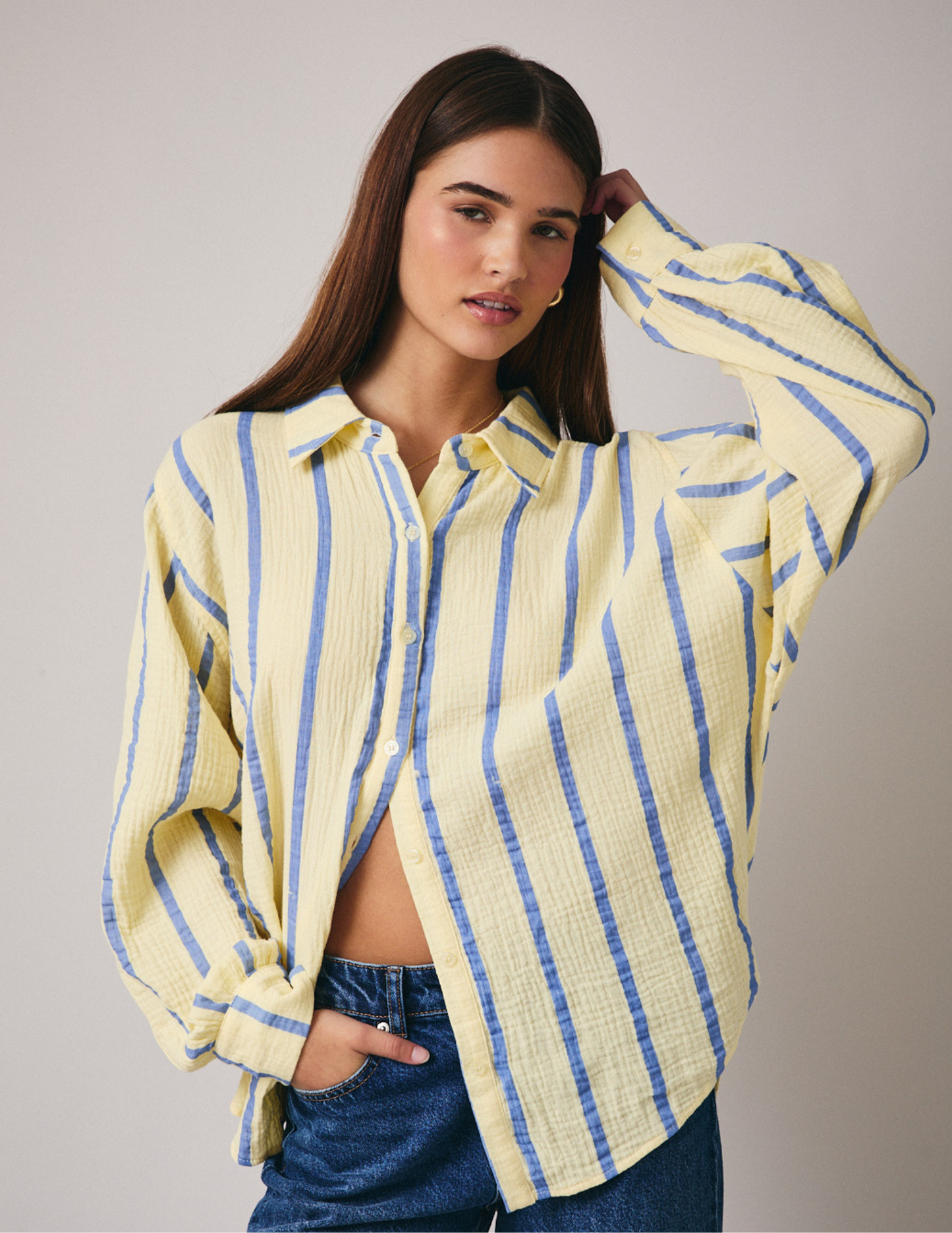 Dolman Button up- Butter, Blue Stripe