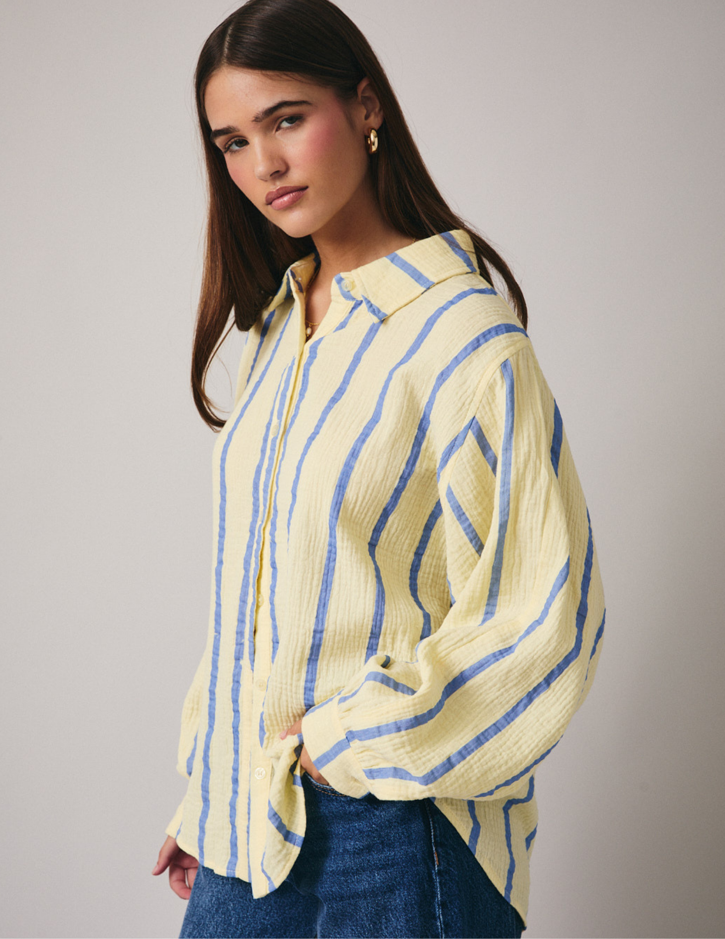 Dolman Button up- Butter, Blue Stripe