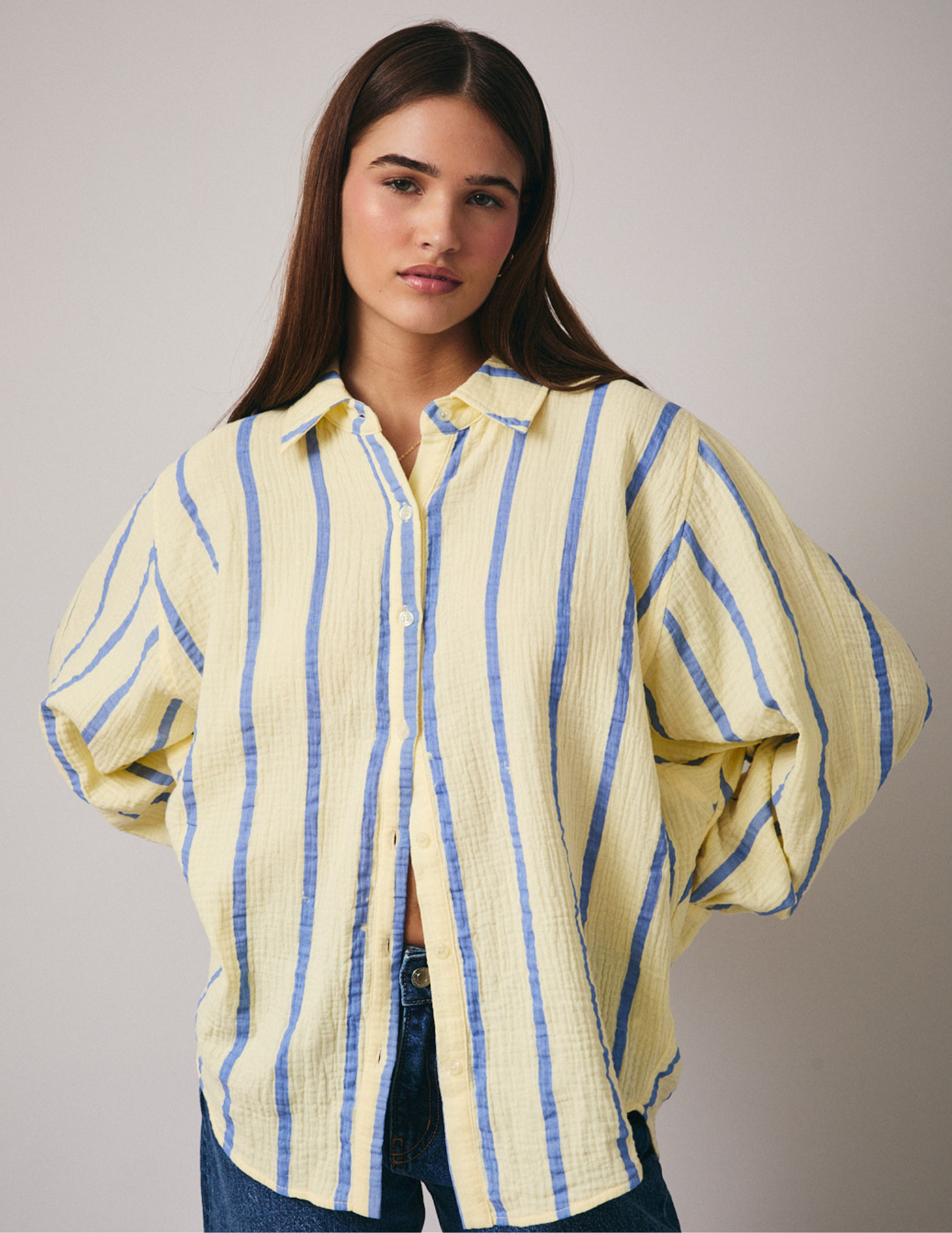 Dolman Button up- Butter, Blue Stripe