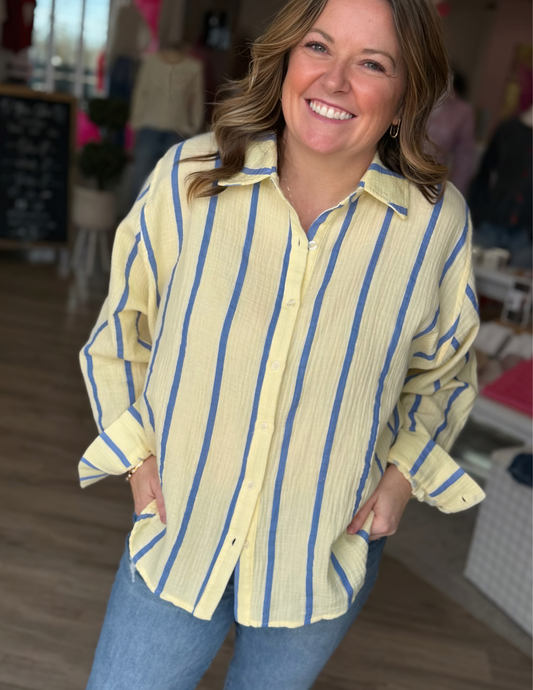 Dolman Button up- Butter, Blue Stripe