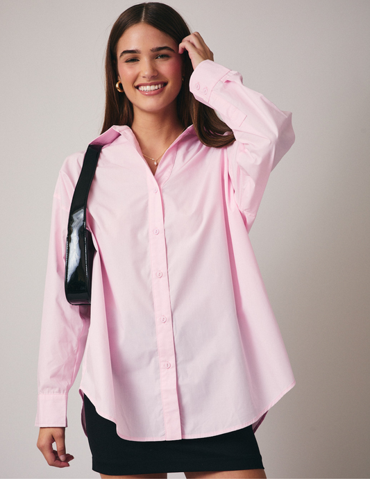 Long Sleeve Overfit Shirt- Baby Pink