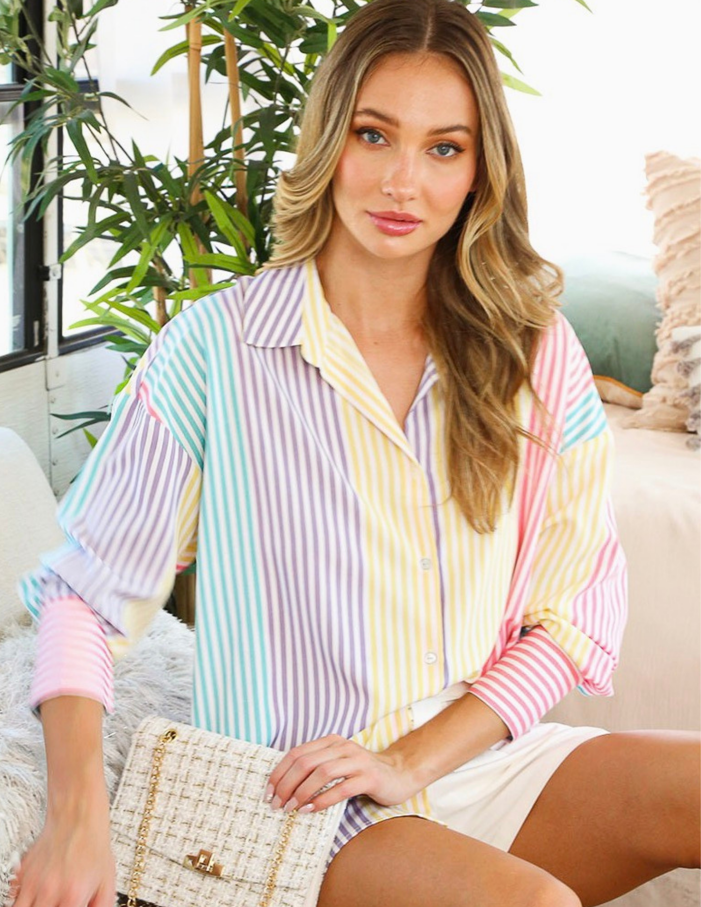 Multi Striped Button Up Color Block Shirt