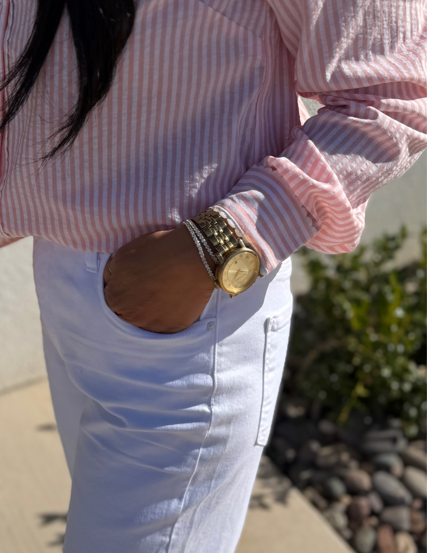 Pin Stripe Long Sleeve Button Down Shirt- Peach