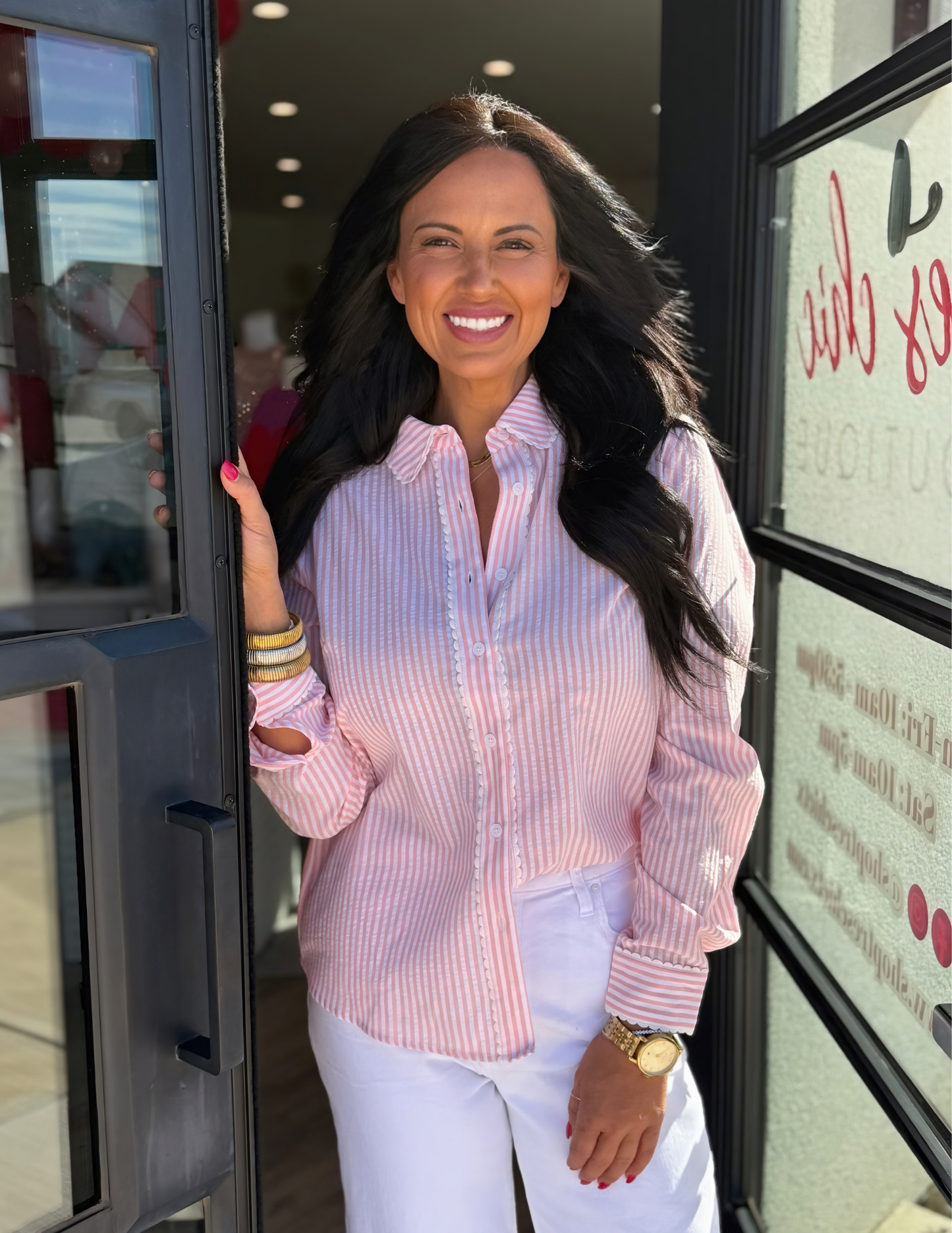 Pin Stripe Long Sleeve Button Down Shirt- Peach