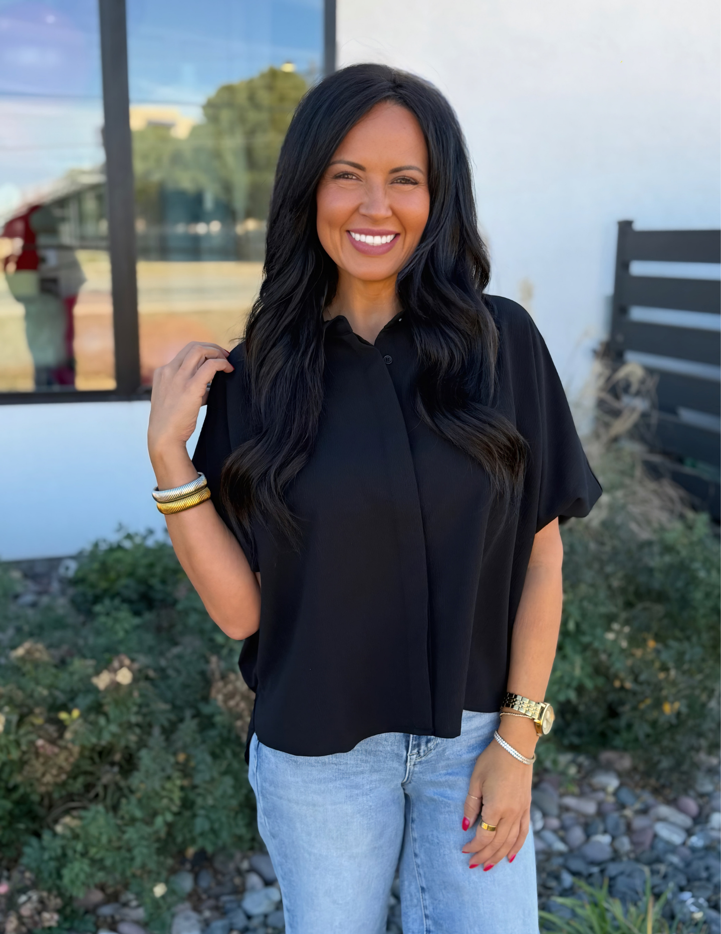 Relaxed Fit Short Sleeve Shirt- Black