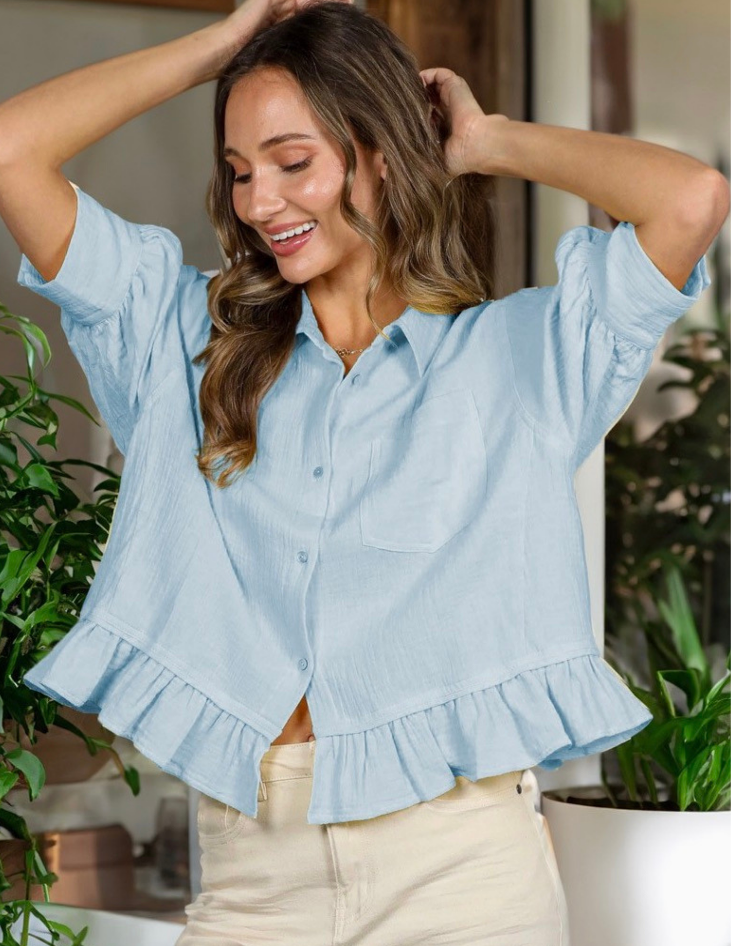 Spring Blue Ruffle Hem Top