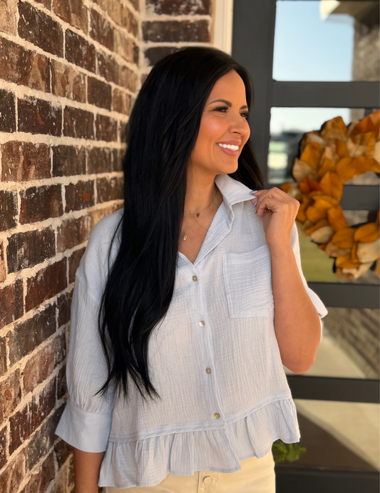 Spring Blue Ruffle Hem Top