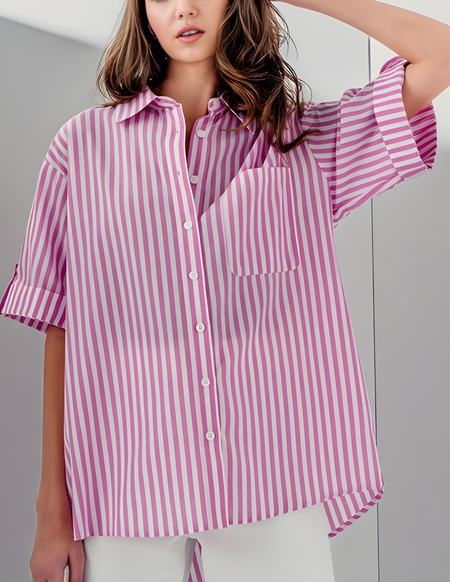 Stripe Button Down Short Sleeve- Pink