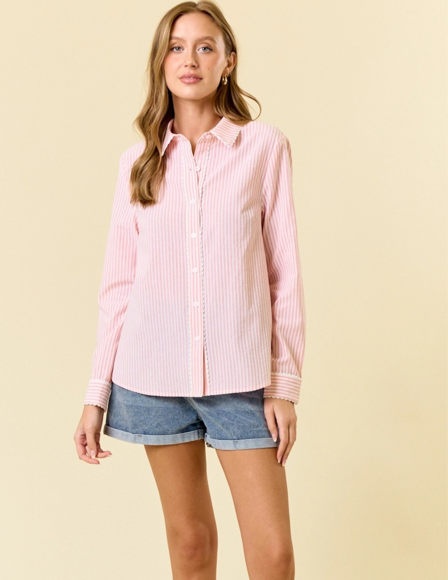 Pin Stripe Long Sleeve Button Down Shirt- Peach