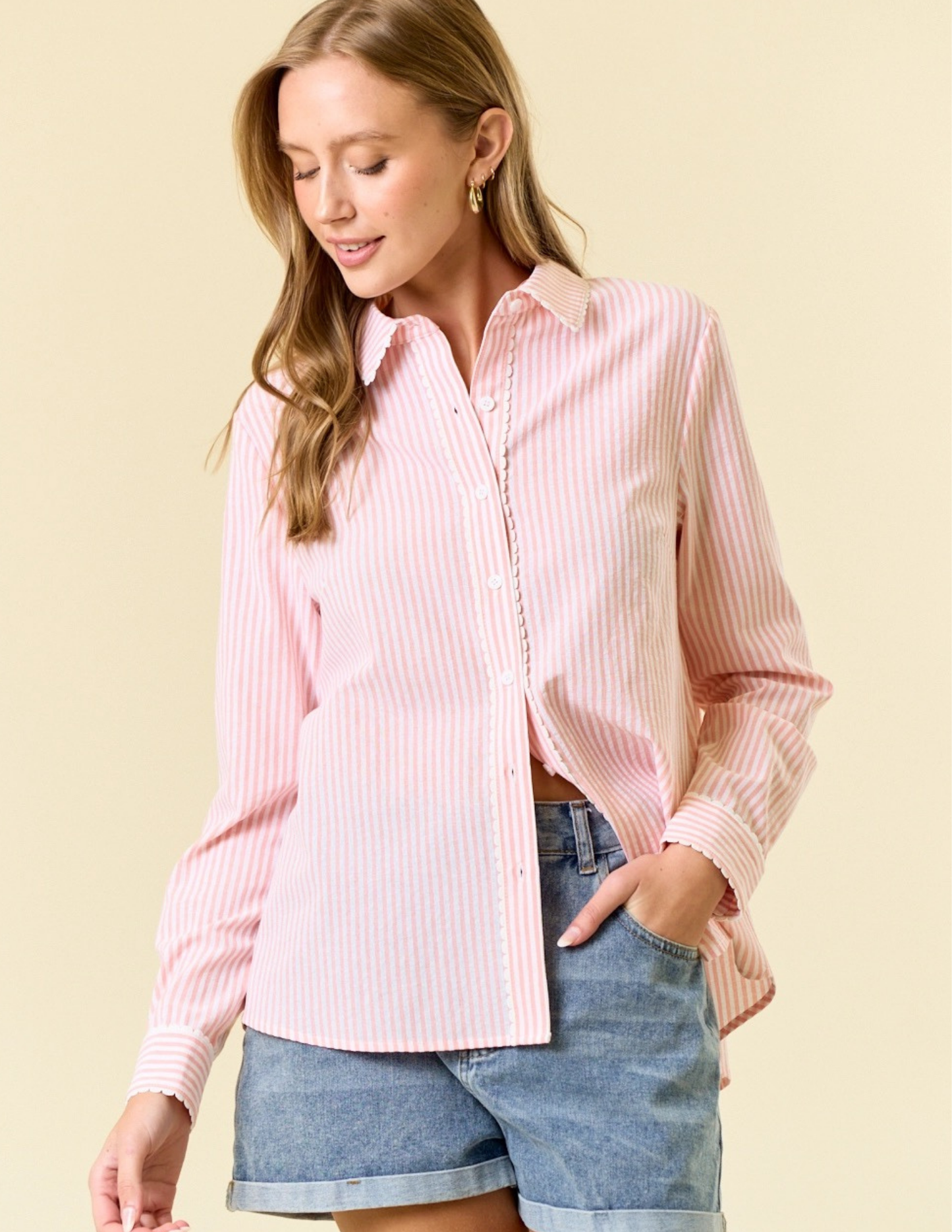 Pin Stripe Long Sleeve Button Down Shirt- Peach