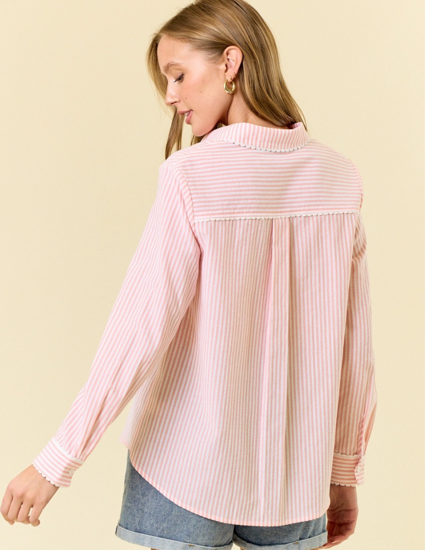 Pin Stripe Long Sleeve Button Down Shirt- Peach