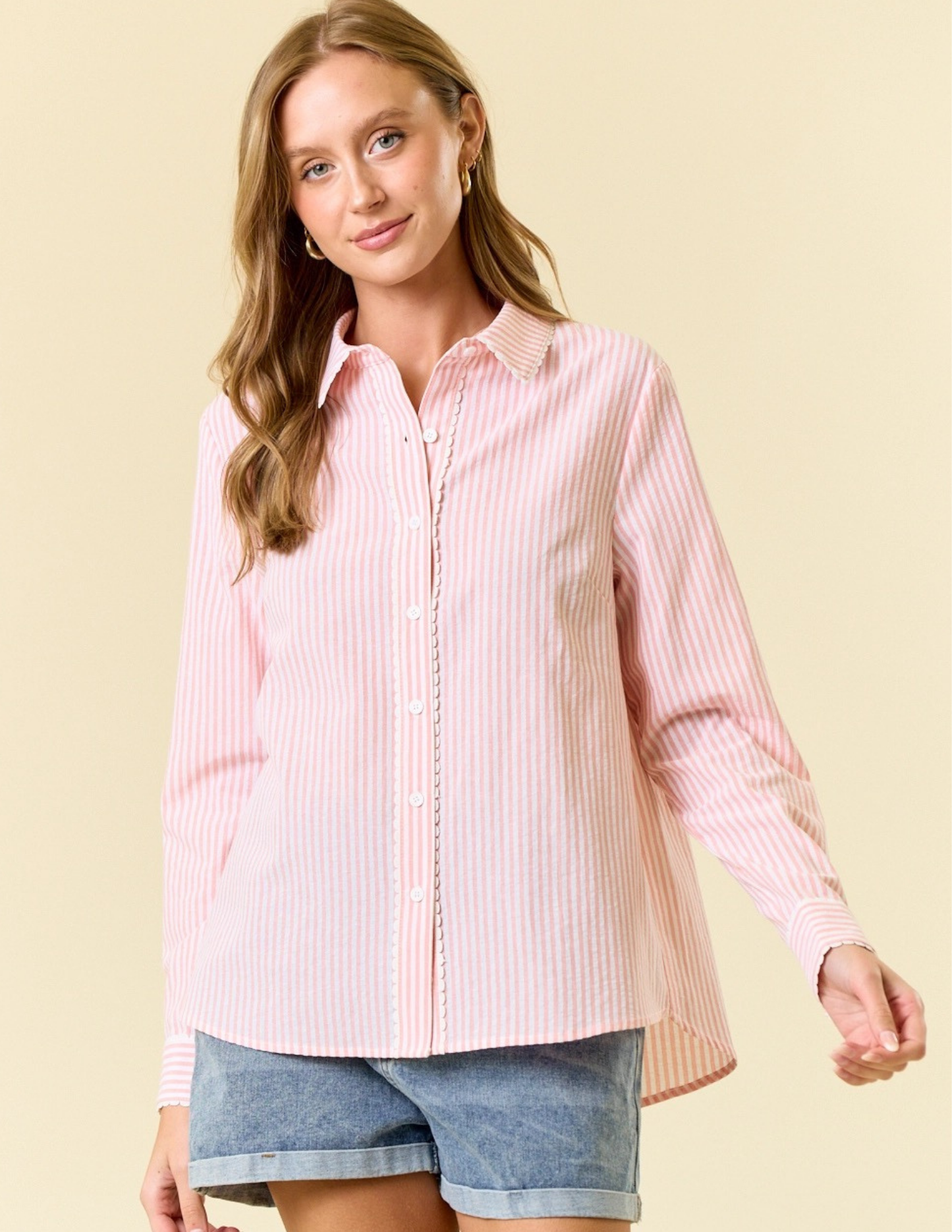 Pin Stripe Long Sleeve Button Down Shirt- Peach