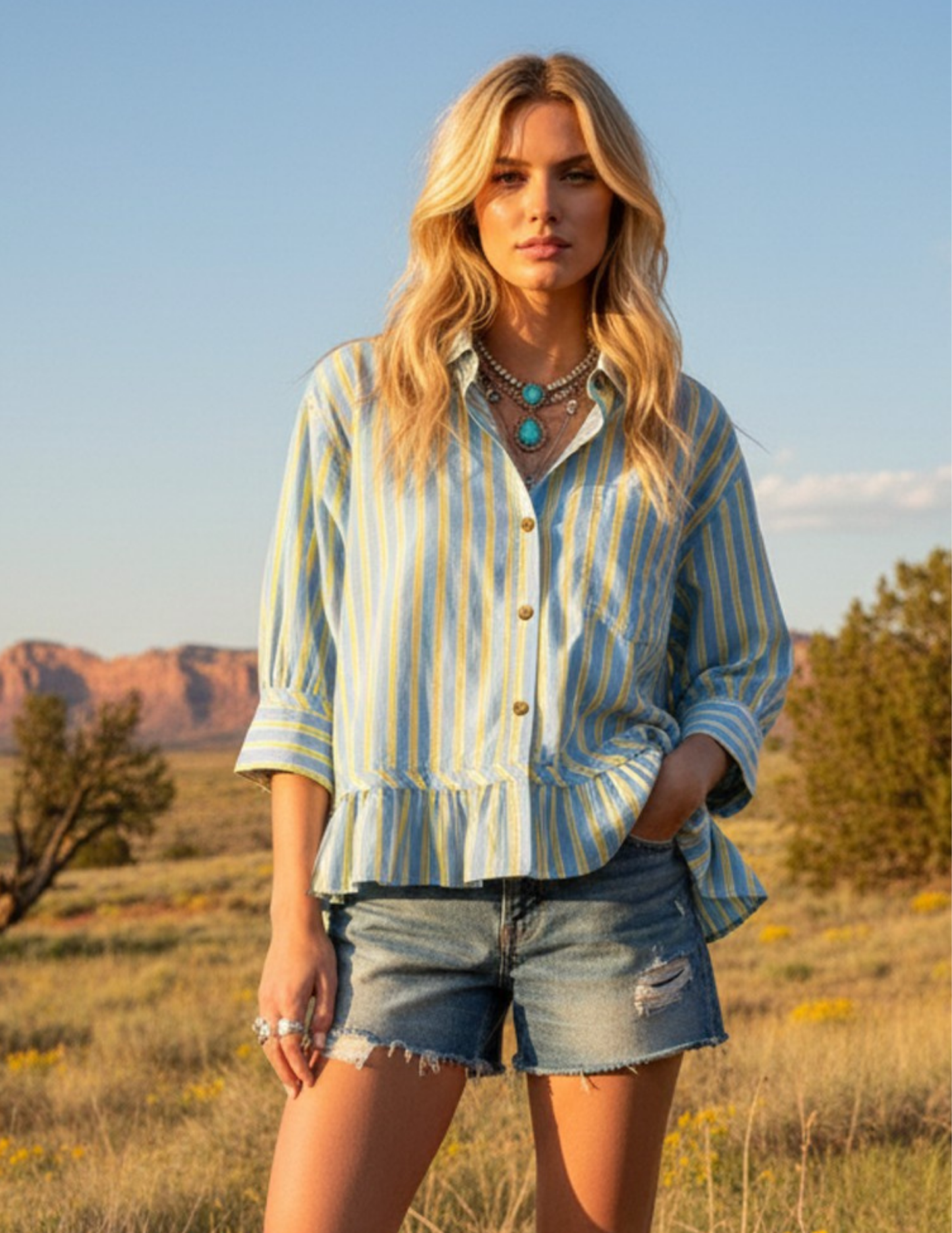 Striped Button Down Peplum Top- Blue Combo