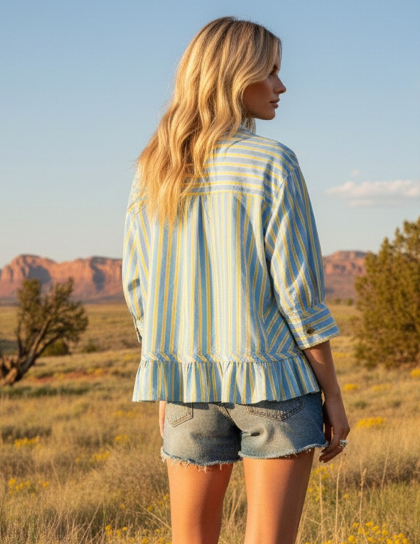 Striped Button Down Peplum Top- Blue Combo
