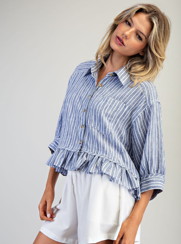 Striped Button Down Ruffled Hem Shirt- Denim