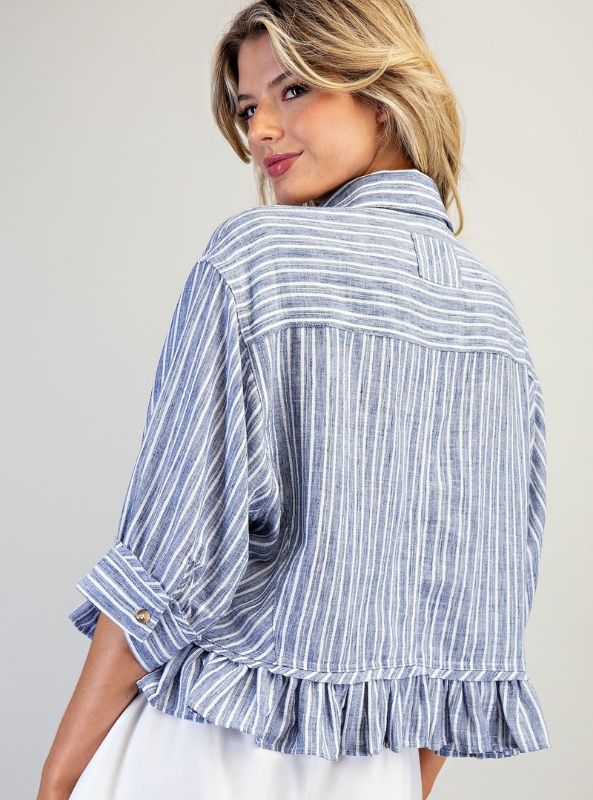Striped Button Down Ruffled Hem Shirt- Denim