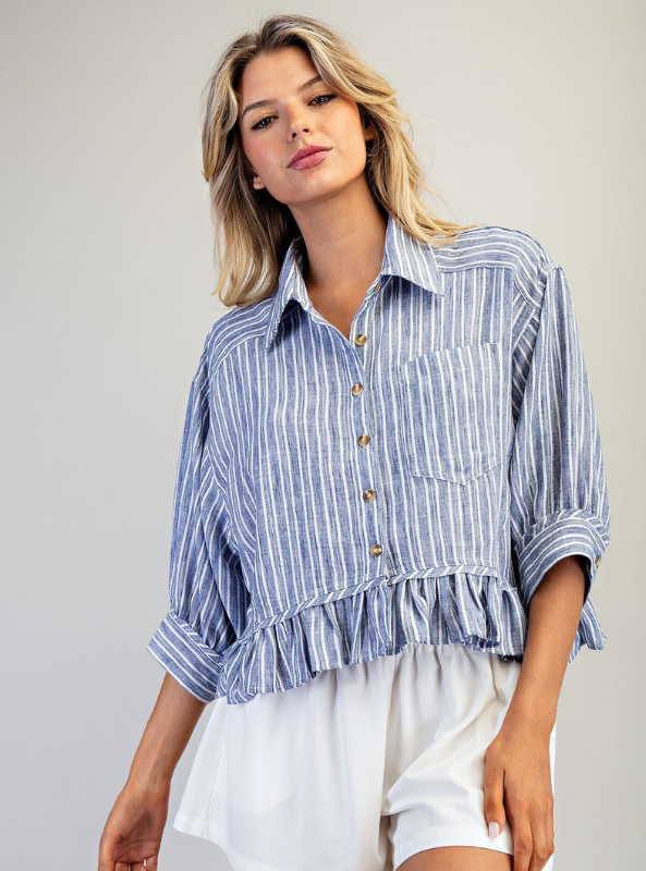 Striped Button Down Ruffled Hem Shirt- Denim