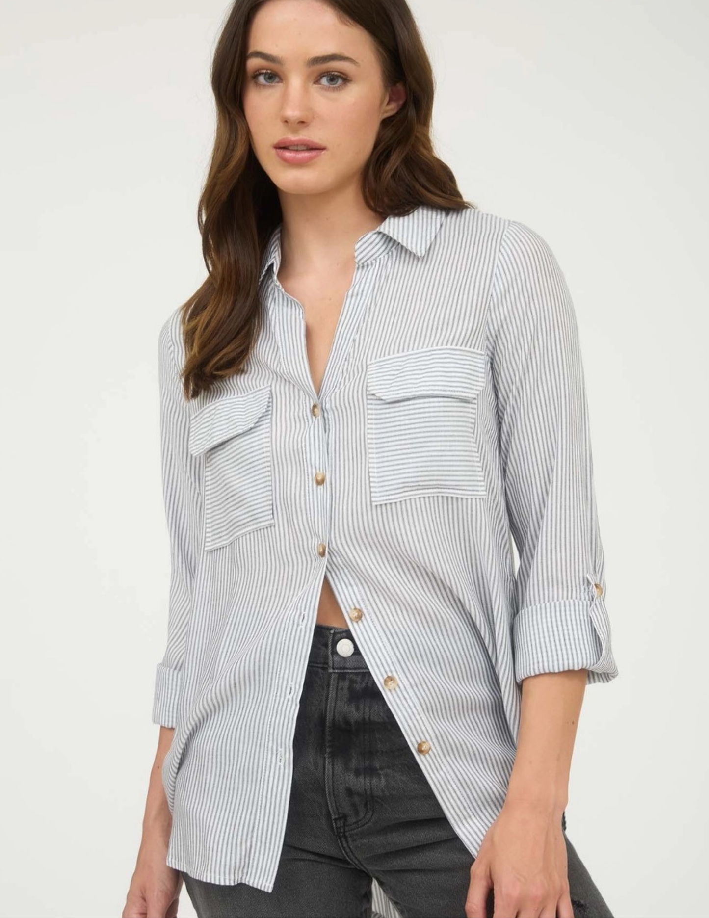 Striped Button Down with Pockets - Black