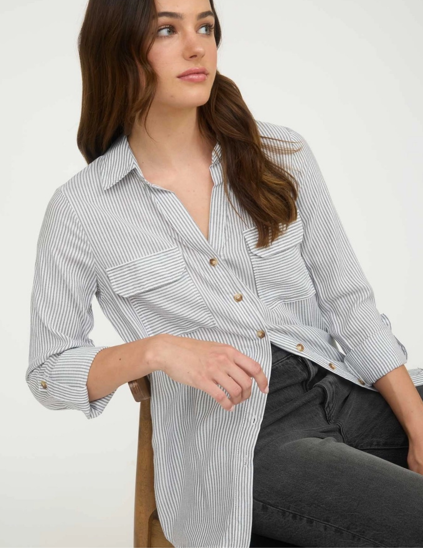 Striped Button Down with Pockets - Black