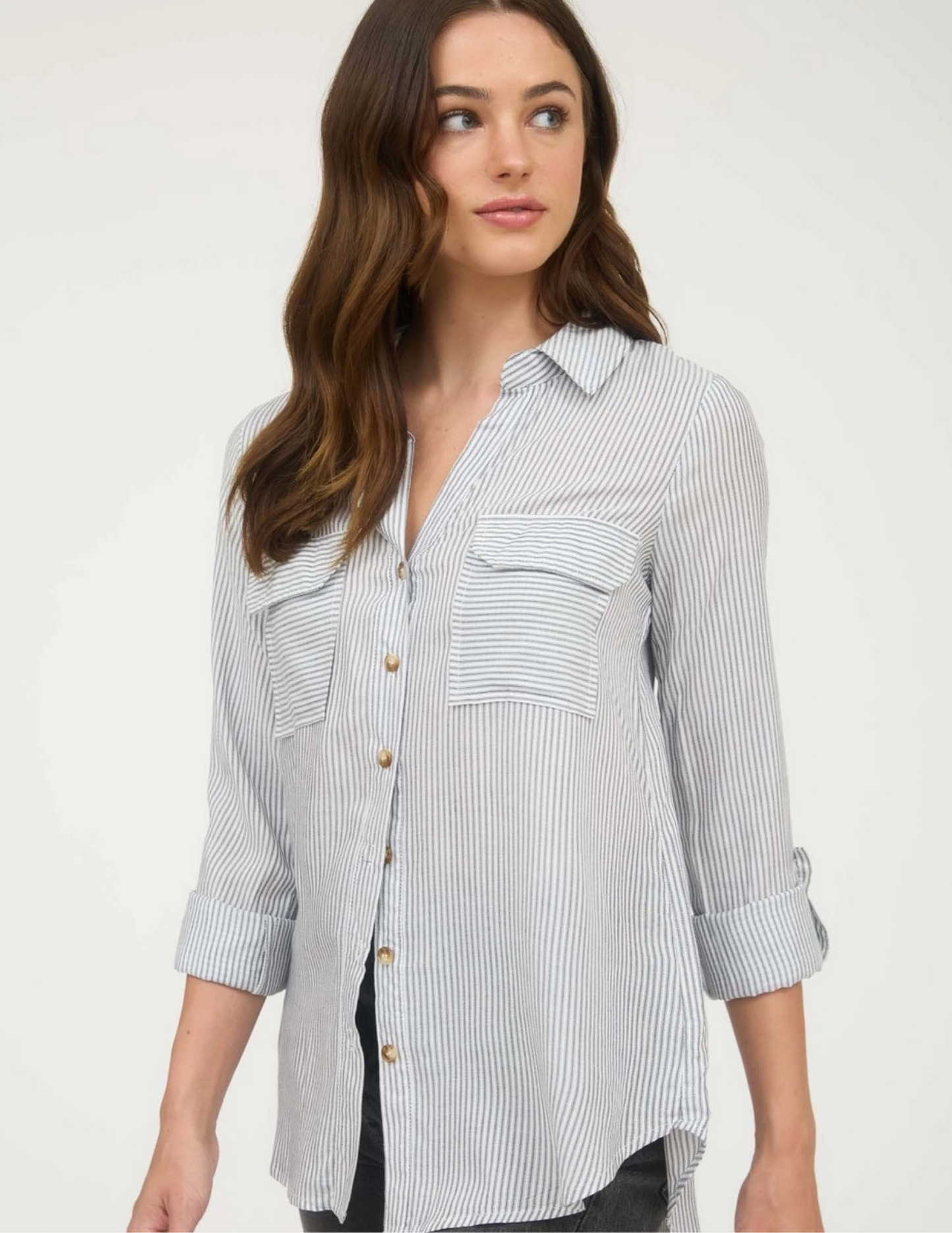 Striped Button Down with Pockets - Black