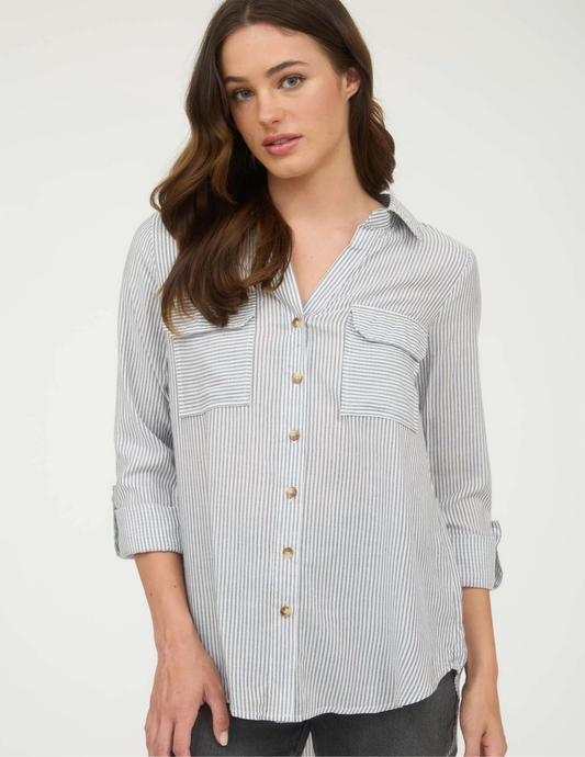 Striped Button Down with Pockets - Black