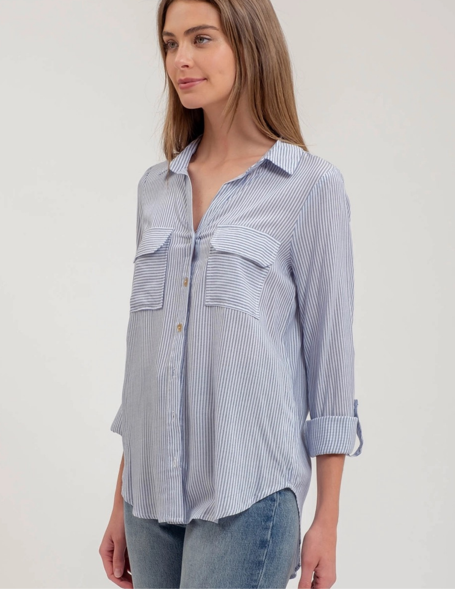 Striped Button Down with Pockets - Navy